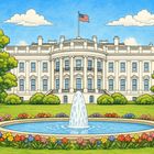 Illustration des Weißen Hauses mit einer amerikanischen Flagge oben, einem Springbrunnen und blühenden Blumen im Garten.