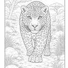 Illustration eines Leoparden im Vordergrund, der auf einem Pfad durch eine savannenartige Landschaft schreitet.