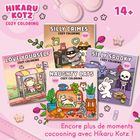 Text: "HIKARU KOTZ", "COZY COLORING", "14+", "Encore plus de moments cocooning avec Hikaru Kotz!", Buntes Design mit süßen Comicfiguren.
