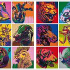 Es gibt keinen lesbaren Text im Bild. 

Es zeigt zwölf bunte, abstrakte Tierporträts in einem Raster.