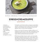 ERBSENCREMESUPPE, grünes Powerfood. Zutaten und Schritte: Schalotten, Knoblauch, Brühe, Olivenöl, TK-Erbsen, Chili, Pfeffer, Zitrone, Kresse.
