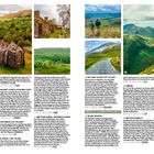 Texte: "Dunlewey Church, Poisoned Glen", "Ruined church", "Rutland Island Lost Village", "Bád Eddie Wreck, Magheraclogher". 

Aussicht auf grüne Landschaft mit Hügeln, einer zerstörten Kirche und einem Schiffswrack am Strand.