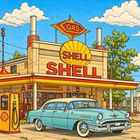Text: "SHELL", "GAS", "5". Logo einer Tankstelle. Ein blaues Retro-Auto steht daneben. Himmel und Bäume im Hintergrund.