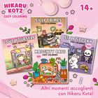 Text: "HIKARU KOTZ COZY COLORING." Vier Cover-Bücher mit süßen, cartoonhaften Illustrationen von Tieren und Figuren.