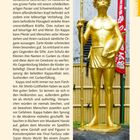 Titel: "Kappa, wilde Wassergeister des Nordens". Goldene Kappa-Statue hält einen Fisch, Text erklärt deren Mythen.