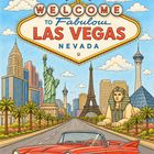 "Welcome to Fabulous Las Vegas Nevada" Schild, Retro-Auto auf Straße, ikonische Bauten wie Eiffelturm und Freiheitsstatue.