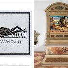 Linke Seite: „NOT A CAVITY“ auf dem Kopf stehend. Illustration: Skelett liegt auf einer Welle. Rechts: Gemälde von Reiter.