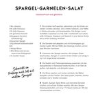 SPARGEL-GARNELEN-SALAT, limettenfrisch und gästefein. Zutaten: Limetten, Chilisauce, Sojasauce, Sesamöl, Garnelen, Spargel, Reisbandnudeln, Salz, Minze, Salat, Sesam. Anleitung: Limetten pressen, Garnelen marinieren, Spargel schneiden, Nudeln kochen, Minze hacken, mischen und anrichten. "Schmeckt im Frühling auch toll mit weißem Spargel!"