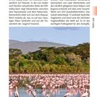 Text über Lake Elementaita mit Details zur Lage, Flora und Fauna. Unten Flamingos und Nimmersatte im See mit grünem Ufer.