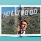Texte: „Vietnamese Community Support ARNOLD for CA Governor“, „SCHWARZENEGGER“, „LOS ANGELES“. Ein Mann hebt ein blaues Auto.