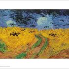 6601 AI Weir 1 Wheatfield with Crows, 2024. Eine Illustration eines goldenen Feldes mit schwarzen Krähen unter einem stürmischen Himmel.