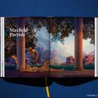 Text: "Maxfield Parrish." Malerische Landschaft mit Säulen, einem knienden und einem liegenden Menschen, umgeben von Bergen und Bäumen.