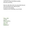 Ein Gedicht über Einsamkeit und Beobachtung, mit Frage stilvoll in grün: "Wenn alle auf der Bühne stehen, wer sitzt dann im Publikum?" Numeriert mit 28.