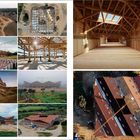 Eine Serie von Fotos zeigt den Baufortschritt eines großen Holzgebäudes von der Grundstruktur bis zum fertigen Dach.