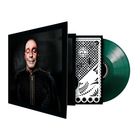 Ein grün-schwarzes Vinyl mit einem Cover, auf dem ein Mann mit geschlossenen Augen zu sehen ist. Eine schwarz-weiße Grafik.