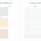 Text: "SEPTEMBER - DECEMBER 2025", "Birthdays", "To do", "Upcoming events", "Goals", "Budget". Links Kategorien, rechts Budget-Tabelle.