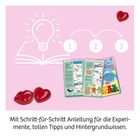 Mit Schritt-für-Schritt Anleitung für Experimente. Oben ein Buch und Glühbirne als Illustration. Broschüre und Gummibärchen.