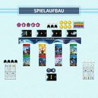 Text "SPIELAUFBAU" oben. Karten, Token und Spielzubehör sind in einem organisierten Layout auf hellblauem Hintergrund angeordnet.