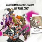 Text: "Gemeinsam gegen die Zombies - Jede Rolle zählt." Drei Personen, Comic-Stil, mit Waffen gegen Zombies.