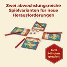 „Zwei abwechslungsreiche Spielvarianten für neue Herausforderungen. In 15 Minuten gespielt.“ Spielkarten, Würfel, Stifte.