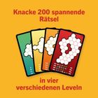 "Knacke 200 spannende Rätsel in vier verschiedenen Leveln." Vier Karten mit weißen Hexagonen auf buntem Hintergrund.