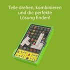 "Teile drehen, kombinieren und die perfekte Lösung finden!" Puzzle-Spiel in einer grünen Box mit Symbolen und Formen.