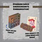 Logo mit Text oben: "Spannung durch eingeschränkte Kommunikation!" Darunter sind ein Tempel und Karten abgebildet.