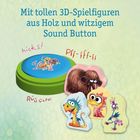 "Mit tollen 3D-Spielfiguren aus Holz und witzigem Sound Button." Darunter Figuren von bunten Tieren um einen Button.