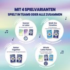 Mit 4 Spielvarianten. Spiele in Teams oder alle zusammen. Farbige Kreise mit Karten, Notensymbole dazwischen.