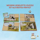 Wessen Lieselotte-Puzzle ist als erstes fertig? Verschiedene Puzzleteile mit einer Kuh in ländlicher Szene.