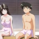 Zwei Anime-Charaktere in Badebekleidung sitzen nebeneinander in einem Whirlpool.