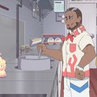 Ein Mann rührt in einem Topf in einer Küche, umgeben von cartoonartigen Charakteren und Küchenutensilien.