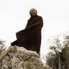 Es gibt keinen Text. Ein bärtiger Mann in braunem Umhang steht auf einem Felsen, umgeben von Bäumen und Gebüsch auf einem Hügel.