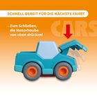 "SCHNELL BEREIT FÜR DIE NÄCHSTE FAHRT. Zum Schließen, die Motorhaube von oben drücken!" Ein blaues Spielzeugauto.