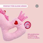 "Perfekt für kleine Hände." Rosa Plüschtier in Pferdeform mit Greiföffnung, Herz- und Pony-Motiv.