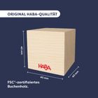"Original HABA-Qualität" und "FSC®-zertifiziertes Buchenholz." zeigen ein Holzblock mit roten HABA-Logo. Abmessungen: 40 mm.