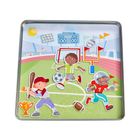 Anzeigetafeltext: "Home 00, Gast 00, Time 45:00". Illustration von Kindern, die verschiedene Sportarten spielen.