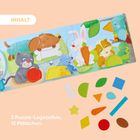 "Inhalt: 3 Puzzle-Legetafeln, 12 Plättchen." Illustration von Tieren mit farbigen Formen und separaten Puzzleteilen.