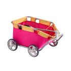 Ein knallig pinker Bollerwagen mit gelben Akzenten und stabilen Rädern.