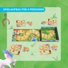 "SPIELAUFBAU FÜR 4 PERSONEN" in blauem Feld. Illustration eines bunten Brettspiels mit Pferdemotiven auf grünem Hintergrund.