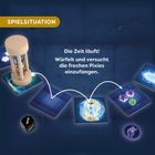 Text: "SPIELSITUATION" und "Die Zeit läuft! Würfelt und versucht die frechen Pixies einzufangen." Sanduhr, Karten, Würfel.