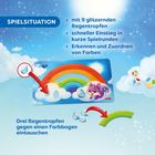 Spiel: glitzernde Regentropfen, schnelle Runden, Farben zuordnen. Regenbogen und violettes Tierchen zieren die Illustration.