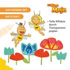 "AUS DIESEM SET ENTSTEHT: Tolle Effekte durch Transparentpapier". Illustration mit zwei fröhlichen Bienen, Blumen.