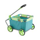 Text "HABA" auf blau-grünem Bollerwagen mit grünen Rädern und schwarzem Griff.