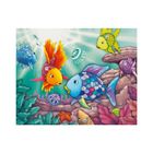 Eine bunte Illustration von Fischen in einem Korallenriff mit leuchtenden Farben und schimmernden Schuppen.