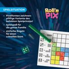 Text: "SPIELSITUATION", "Pixelformen zeichnen: pfiffige Variante des beliebten Spielprinzips!", "Roll'n Pix".   
Ein Würfel, ein grüner Stift und ein Raster mit farbigen Feldern.