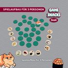 "SPIELAUFBAU FÜR 3 PERSONEN." Illustration mit Sushi-Motiven und einem spielerischen Katzenbild.