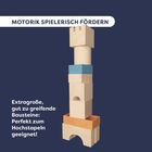 Ein Tower aus Holzbausteinen: "MOTORIK SPIELERISCH FÖRDERN", "Extragroße, gut zu greifende Bausteine: Perfekt zum Hochstapeln."