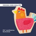 „ORIGINAL HABA-QUALITÄT“, „FSC®-zertifiziertes Buchenholz.“ Illustration eines bunten Holz-Hahns.