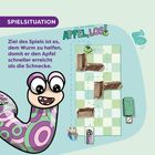 Ziel: Dem Wurm helfen, schneller zum Apfel zu gelangen als die Schnecke. Bunt illustrierter Wurm und Spielfeld.